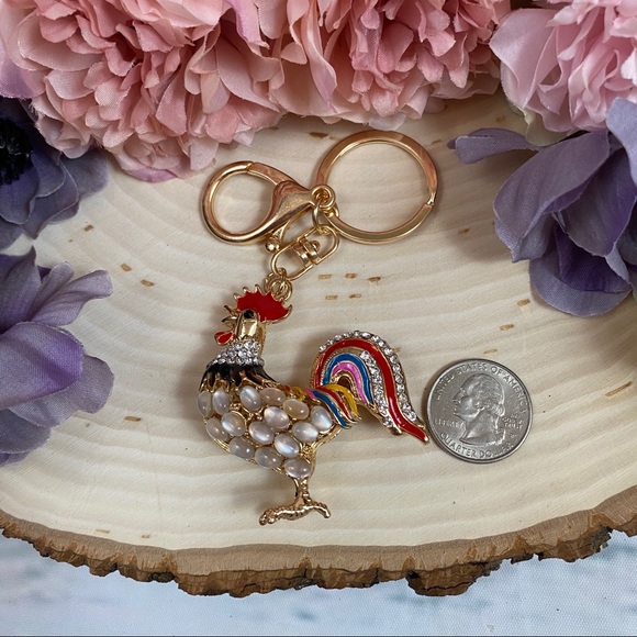 Colorful Crystal and Pearl Rooster on a Keychain - Picture 7 of 7